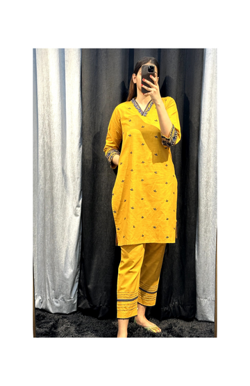 Side Pockets Embroidery Co Ord Set Mustard