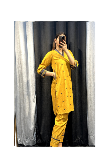 Side Pockets Embroidery Co Ord Set Mustard